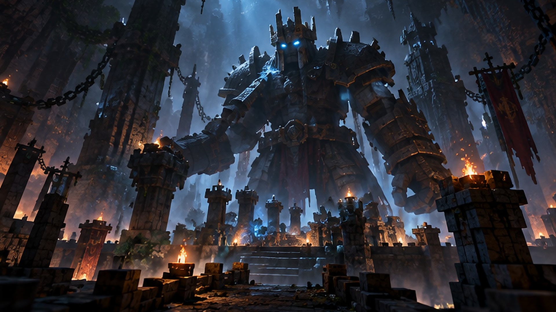 Guardião gigante em uma arena escura