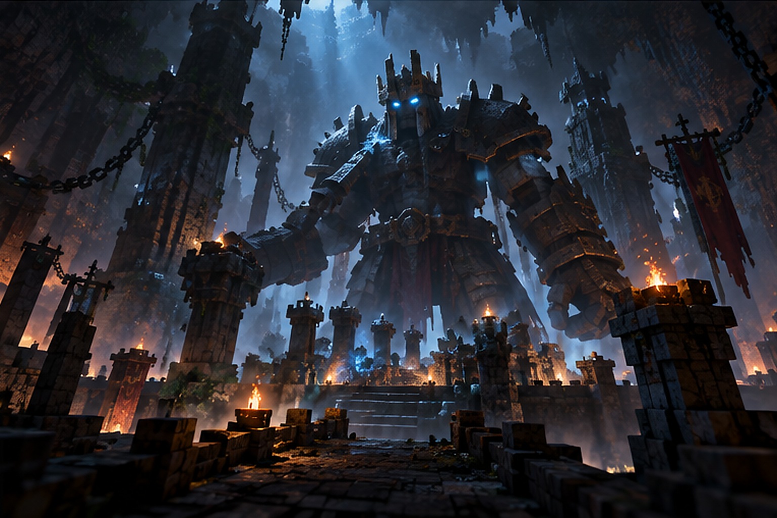 Arena de combate com golem gigantesco